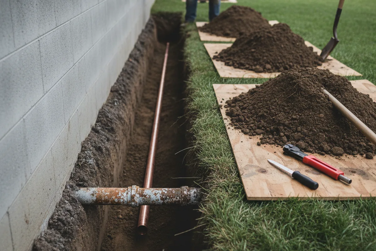 Excavated water line trench during Water Softener Installation in East Kingston